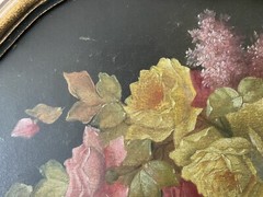 Large Old Italian Antique Barbola Floral Roses Bouquet Bowl Vintage Oil Painting
