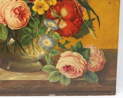 Ludwig Deffner 15×19 Antique Oil Painting Detailed Still Life Flowers in Vase