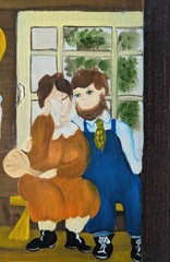 Whimsical VTG Folk Art Original Oil on Wood Wedding Painting Signed By Artist