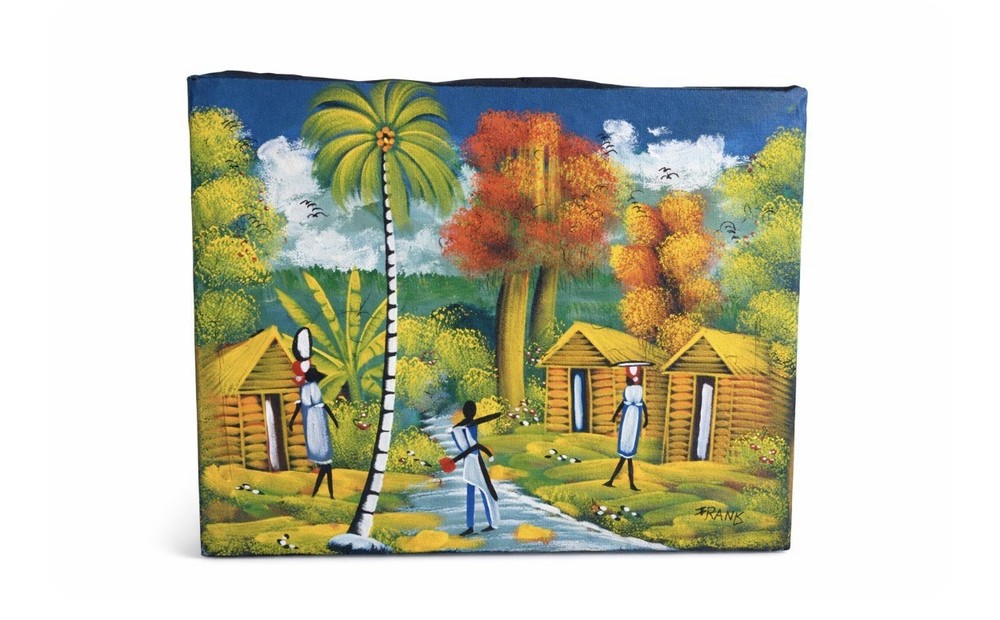 Signed Haitian Folk Art Village Landscape Painting 16 x 12 Colorful Naive
