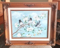 Trio Of Birds On Cherry Blossom Branch Oil Painting Framed & Signed By Carrie