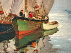 Anthony Thieme Oil Painting Mackerel Fleet Cape Ann Maritime Scene 30×36