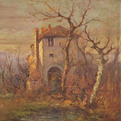 Painting landscape signed Italian artwork bucolic oil on board 20th century 900