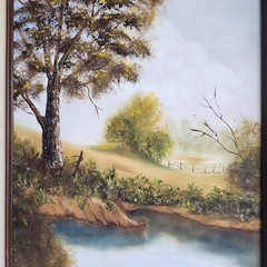 Original D Davidson Oil Painting Landscape Trees Lake Framed 19×23 Vintage Art