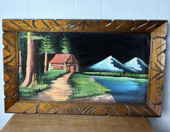 Vintage 1970s Mexican Black Velvet Cabin Painting in Hand Carved Pine Frame 24″
