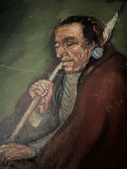 Vintage Oil Painting Board A Native American Man Smoking A Pipe