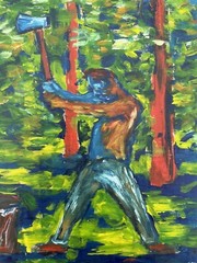 Vintage Original Oil Painting On Cardboard Axeman Logging Chopping Wood Woods