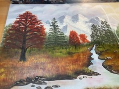 Pair Of Vintage Original Paintings Autumn Trees Woodland River Road Scene
