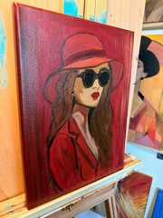 Original Oil Painting 9×12 – Fashion Portrait Woman in Red Hat & Sunglasses