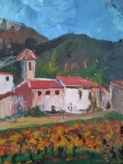 MIA (20th) „Mountain Village And Vines“ Oil On Canvas 38 X 46 Cm