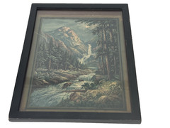 Vintage Nature Scene Picture Waterfall Mountain Framed Signed Thompson 10.5″x8″