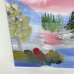 Oil on Canvas Painting Signed Student Art 11 x 14 Wooded Lake at Sunset Pines