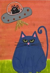 ACEO Original Hand-Painted Abstract Fantasy Cat With A UFO 2.5 X 3.5 Acrylic