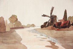 Wide River Landscape with Windmill, Watercolor, Art Nouveau, France c1900
