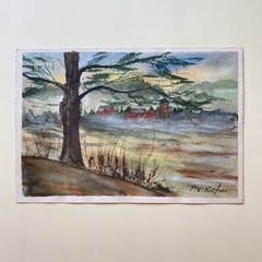 Vintage Watercolor Painting Vivid Landscape Trees and Barns signed FH Fortini