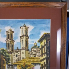 Vintage Original watercolor landscape signed REYES, Prisca Church, Taxco Mexico
