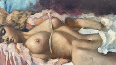 Chuck Oberstein Signed Reclining Female Nude Original Oil Painting 24″x39″