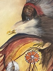 Vintage 1979 SIGNED K Loud Native American Warrior with Eagle FRAMED yellow gray