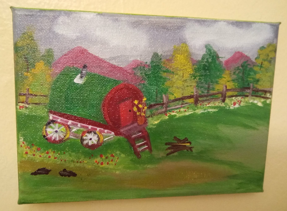 Gypsy Caravan Traveler, Original Acrylic On Canvas Painting 5″ x 7″ by Jayne