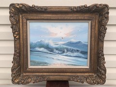 24″x20″ Ornate Frame Original Oil painting canvas seascape ocean wave Seagull