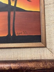Vintage Oil Painting Silhouette Tropical Island Sunset Signed Ornate Frame 8×10