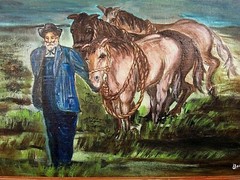A Man and His Favorite Horses Primitive Oil Painting Signed on Canvas Panel