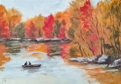 Day at the Lake ORIGINAL Oil Painting Impressionism Boat Autumn Park River 5″x7″