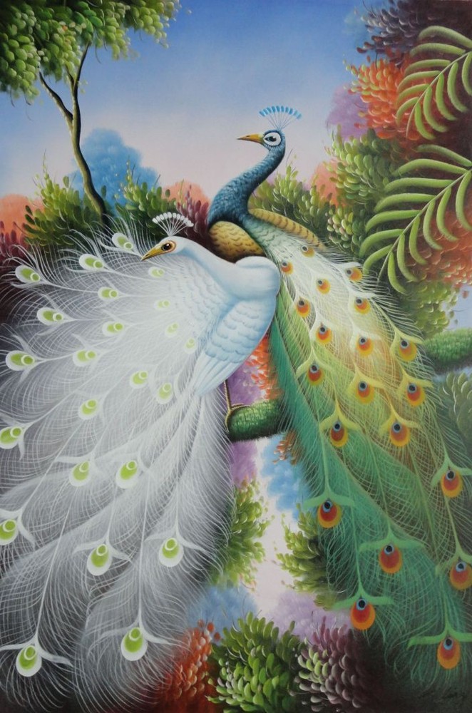 36×24 White and Green Peafowls On Tree Oil Painting Naturalism Animal Peacock