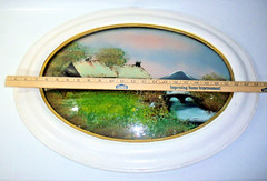 Antique Reverse Foil Painting Oval Convex Glass Landscape 14″x24″ Wood Frame