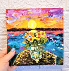Sunrise Modern Original Painting Seascape Flowers Stone Hendmade Wall Art OOAK