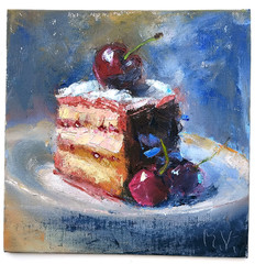Cherry Cake oil painting 🍒 Handmade original, nice gift 8×8″ Kitchen wall decor