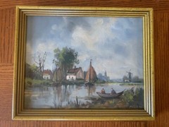 VINTAGE MARTIN SIGNED OIL CANVAS DUTCH SEA TOWN SAILBOAT FISHERMEN NICE COLORS