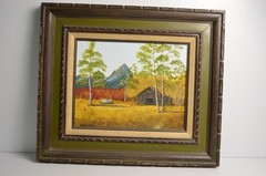 Vintage Art Painting Original Barn Wagon Fall Color Poplar Mountains Joshua Tree