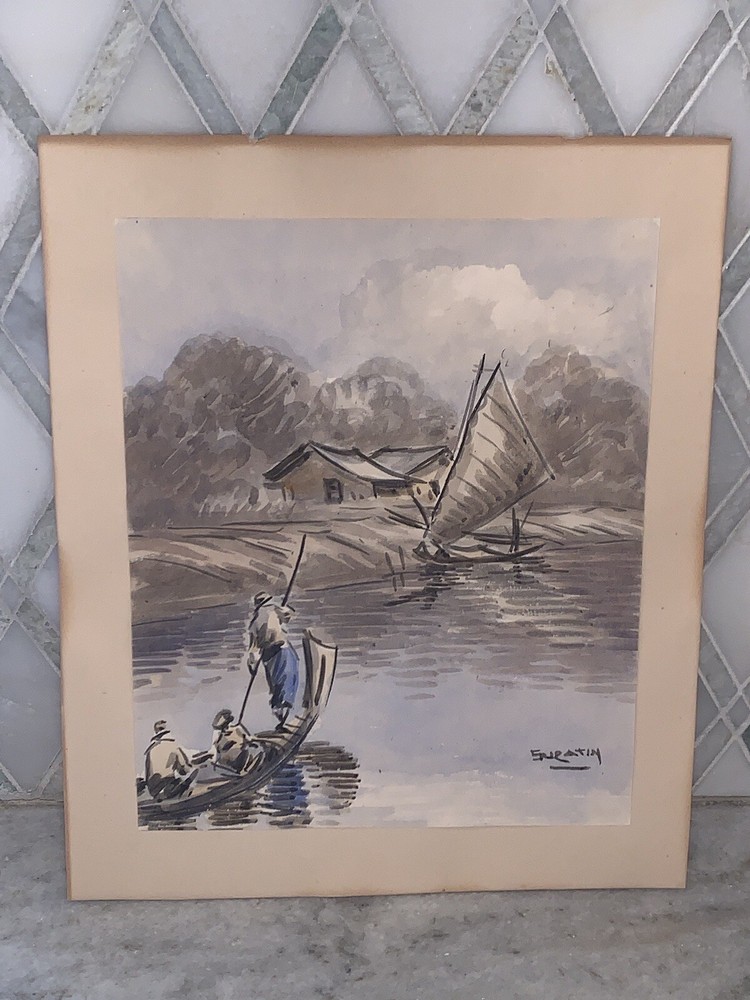 Vtg 1940-50s Sail Boat Sea Nautical Watercolor Signed 10.25”x12.25” (8”x9.75”)