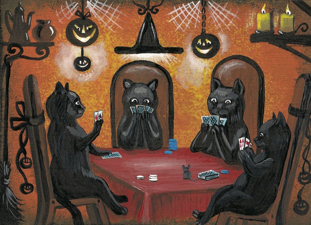4×6 print of painting HALLOWEEN ART RYTA BLACK CAT POKER VINTAGE FOLK ART STYLE