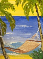 Original Tropical Beach Hammock Painting Coastal Ocean Palm Trees 11×14 Canvas