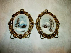 Vintage Miniature Oil Painting Filigree Frame Pair 1970s Vintage Winter Cabin