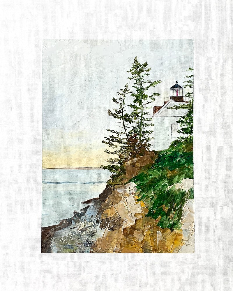 8×10 Maine Original Oil Painting Acadia Bass Harbor Lighthouse Seascape Signed