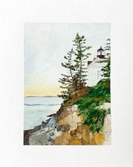 8×10 Maine Original Oil Painting Acadia Bass Harbor Lighthouse Seascape Signed