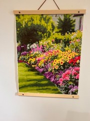 Large Flower Garden and Acrylic Painting – 20″ x 16″ – Wood and leather frame
