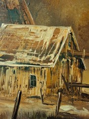 Rustic cabin in the woods very thick paint beautifully done signed Will