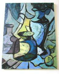 Mid Century Symphony in Blue Bottles Still Life Oil Painting