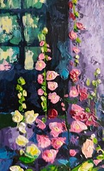 acrylic painting on panel original hand made art with pink hollyhocks and window