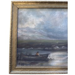 1912 Painting B – Water Boat w Man Stone Bridge Clouds Landscape Low Light 20×10