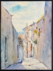 Antique Raymond Leroy Hill WA Watercolor Painting Woman Child Streetscape Spain