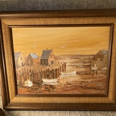 Vintage Harbor Scene Dock Painting Palette Knife Warm Amber Sunset Misty Harbor