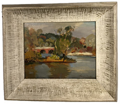 FRED D PENNY ST MARYS SEMINARY BRIDGE ILLINOIS LANDSCAPE VINTAGE OIL PAINTING