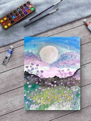 Full Moon Over Mountains And Meadows Imxpressionist Original Watercolor 9×12