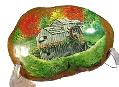 HAND PAINTED & SIGNED ROCK FALL SCENE & WATER MILL ARTIST SHELLACED