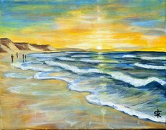 Original Hand Painted 11×14 Ocean Wall Art Blue Golden Acrylic Canvas Signed